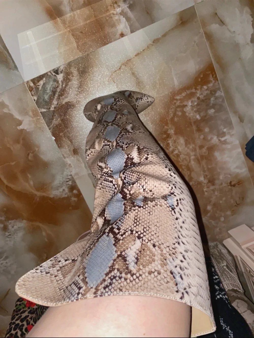 Snake-Print Over-the-Knee Boots in Taupe Brown